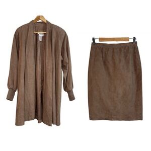 Ciao Ltd Vintage Faux Suede Duster Coat and Skirt Set Brown Womens Size 10